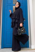 Tesettür giyim SİYAH VOLAN DETAYLI PANTOLONLU TAKIM T 1648