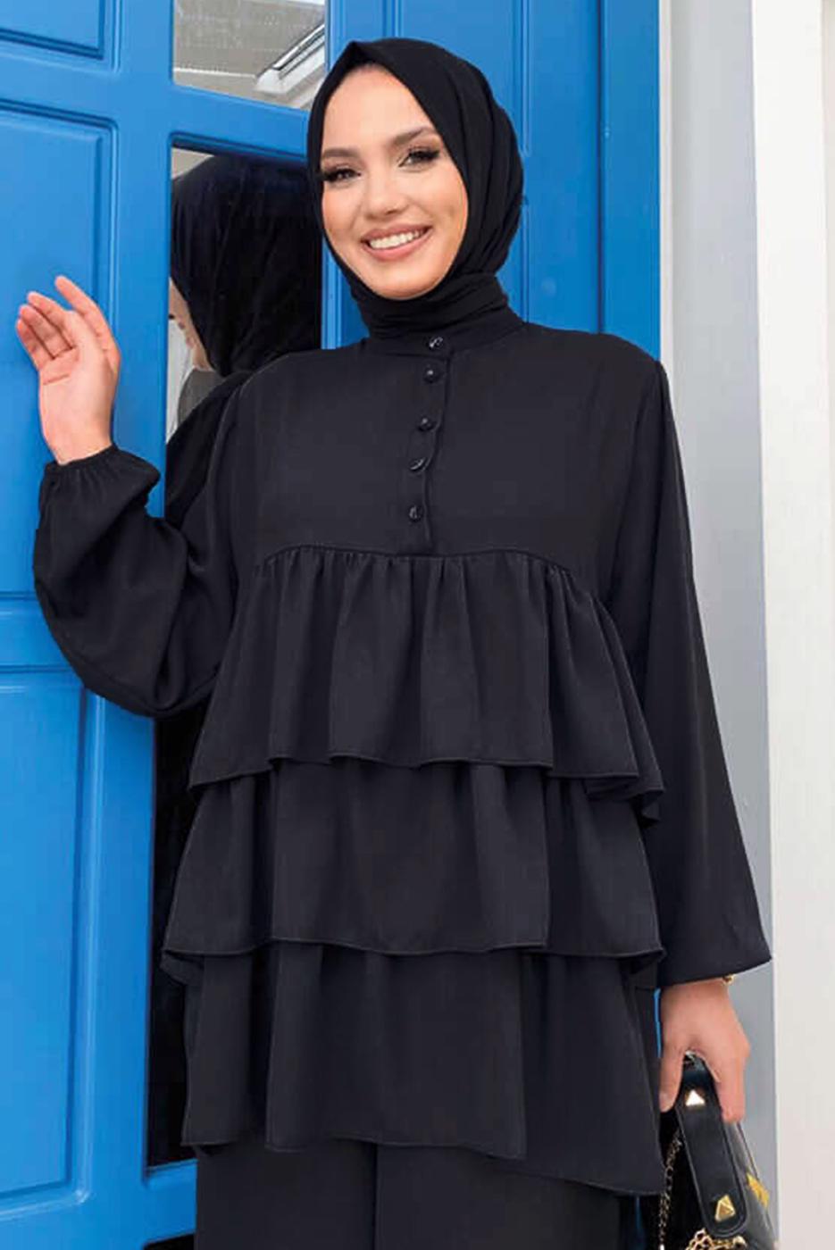 Tesettür giyim SİYAH VOLAN DETAYLI PANTOLONLU TAKIM T 1648