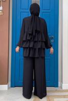Tesettür giyim SİYAH VOLAN DETAYLI PANTOLONLU TAKIM T 1648
