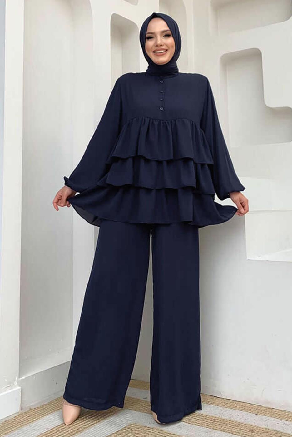 Tesettür giyim LACİVERT VOLAN DETAYLI PANTOLONLU TAKIM T 1648