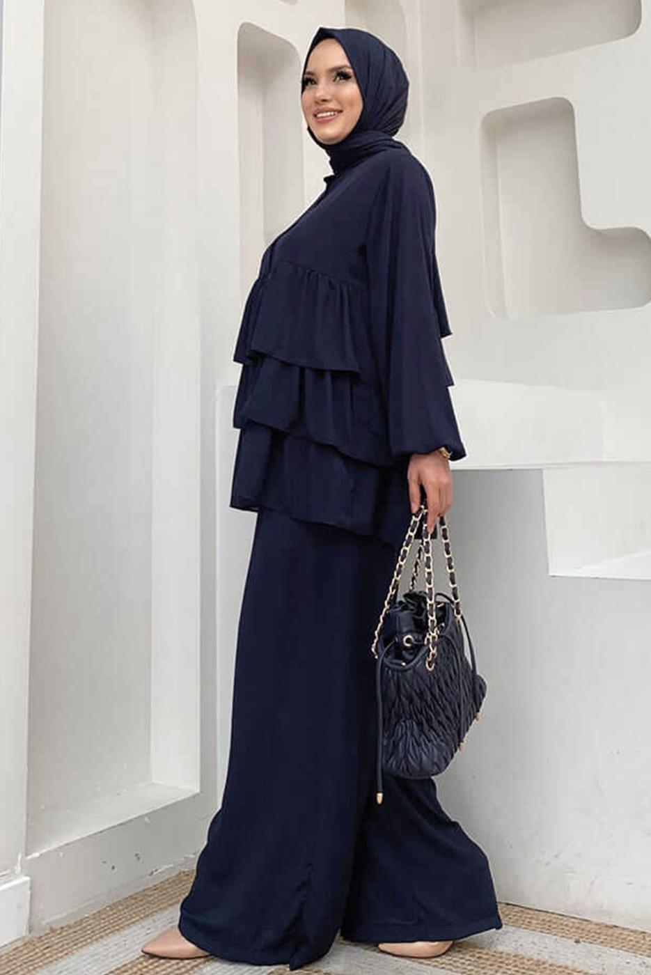 Tesettür giyim LACİVERT VOLAN DETAYLI PANTOLONLU TAKIM T 1648