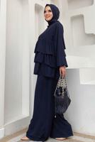 Tesettür giyim LACİVERT VOLAN DETAYLI PANTOLONLU TAKIM T 1648