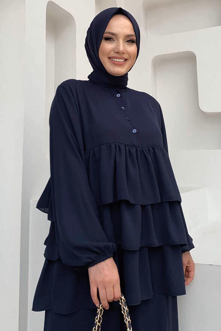 Tesettür giyim LACİVERT VOLAN DETAYLI PANTOLONLU TAKIM T 1648
