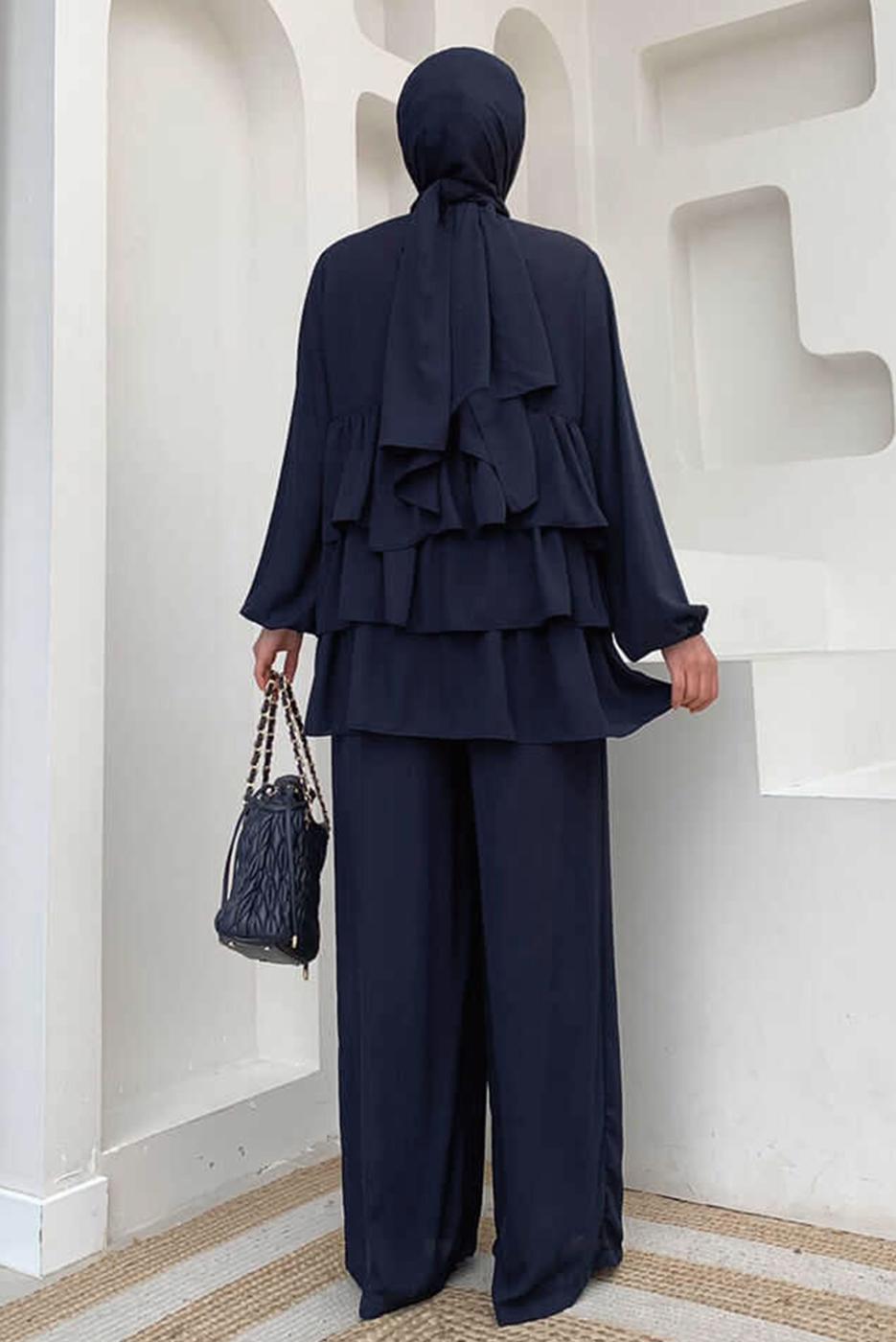 Tesettür giyim LACİVERT VOLAN DETAYLI PANTOLONLU TAKIM T 1648
