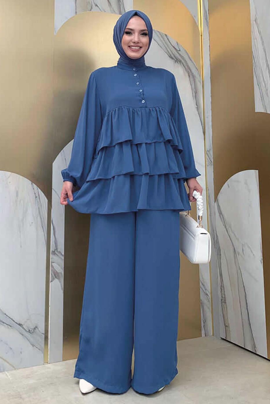 Tesettür giyim LACİVERT VOLAN DETAYLI PANTOLONLU TAKIM T 1648