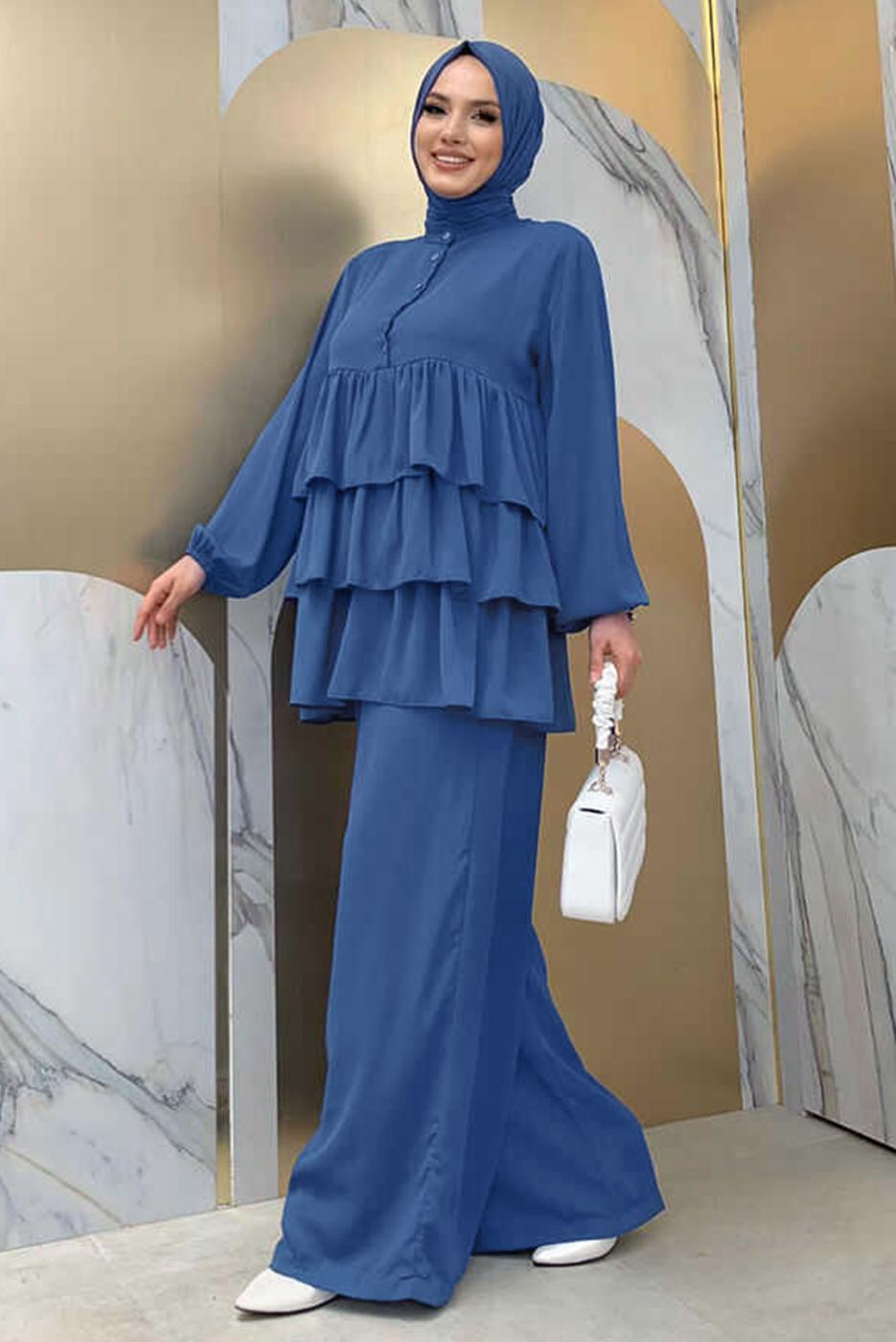 Tesettür giyim LACİVERT VOLAN DETAYLI PANTOLONLU TAKIM T 1648