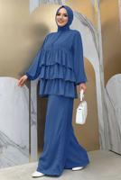 Tesettür giyim LACİVERT VOLAN DETAYLI PANTOLONLU TAKIM T 1648