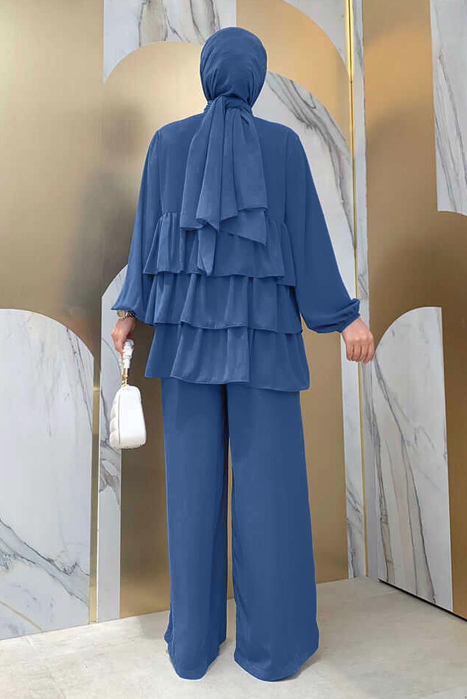 Tesettür giyim LACİVERT VOLAN DETAYLI PANTOLONLU TAKIM T 1648