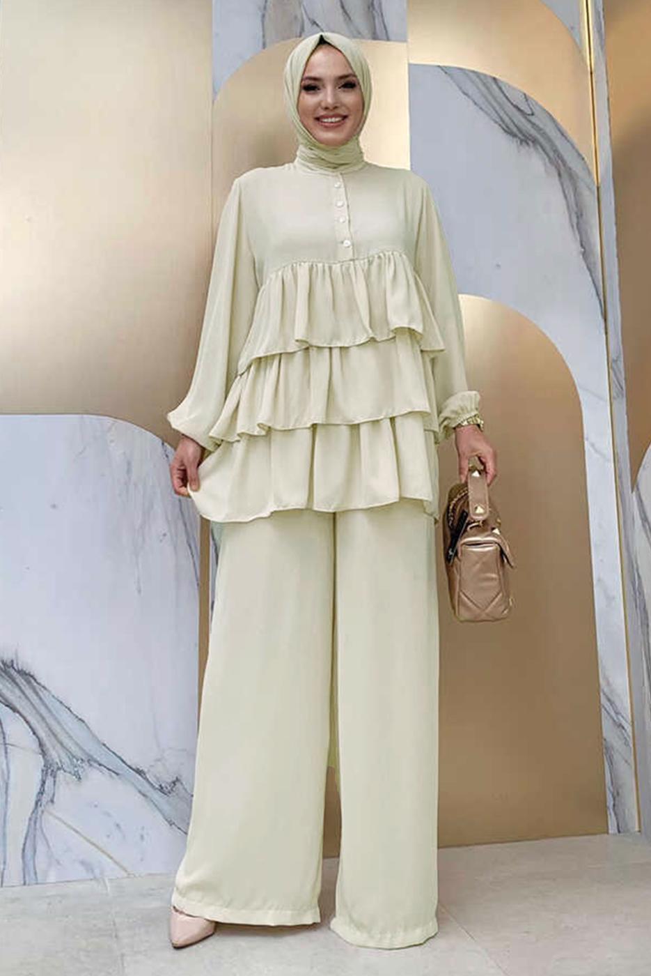 Tesettür giyim BEJ VOLAN DETAYLI PANTOLONLU TAKIM T 1648