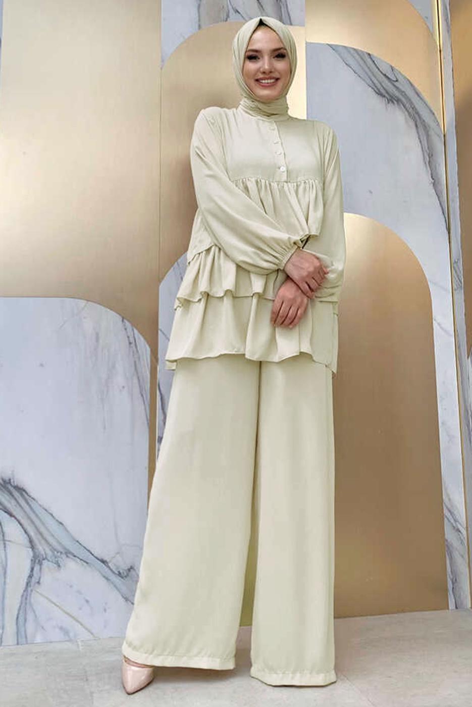 Tesettür giyim BEJ VOLAN DETAYLI PANTOLONLU TAKIM T 1648