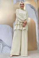 Tesettür giyim BEJ VOLAN DETAYLI PANTOLONLU TAKIM T 1648