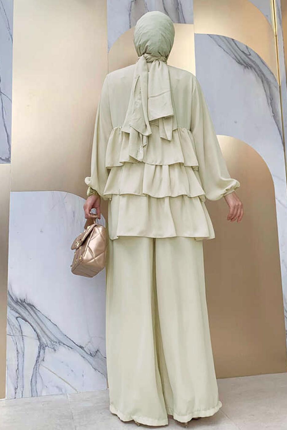Tesettür giyim BEJ VOLAN DETAYLI PANTOLONLU TAKIM T 1648