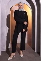 Tesettür giyim SİYAH BROŞ DETAYLI PANTOLONLU TAKIM T 1704