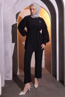 Tesettür giyim SİYAH BROŞ DETAYLI PANTOLONLU TAKIM T 1704