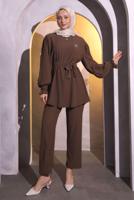 Tesettür giyim KAHVE BROŞ DETAYLI PANTOLONLU TAKIM T 1704