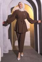 Tesettür giyim KAHVE BROŞ DETAYLI PANTOLONLU TAKIM T 1704