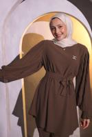 Tesettür giyim KAHVE BROŞ DETAYLI PANTOLONLU TAKIM T 1704