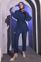 Tesettür giyim LACİVERT BROŞ DETAYLI PANTOLONLU TAKIM T 1704