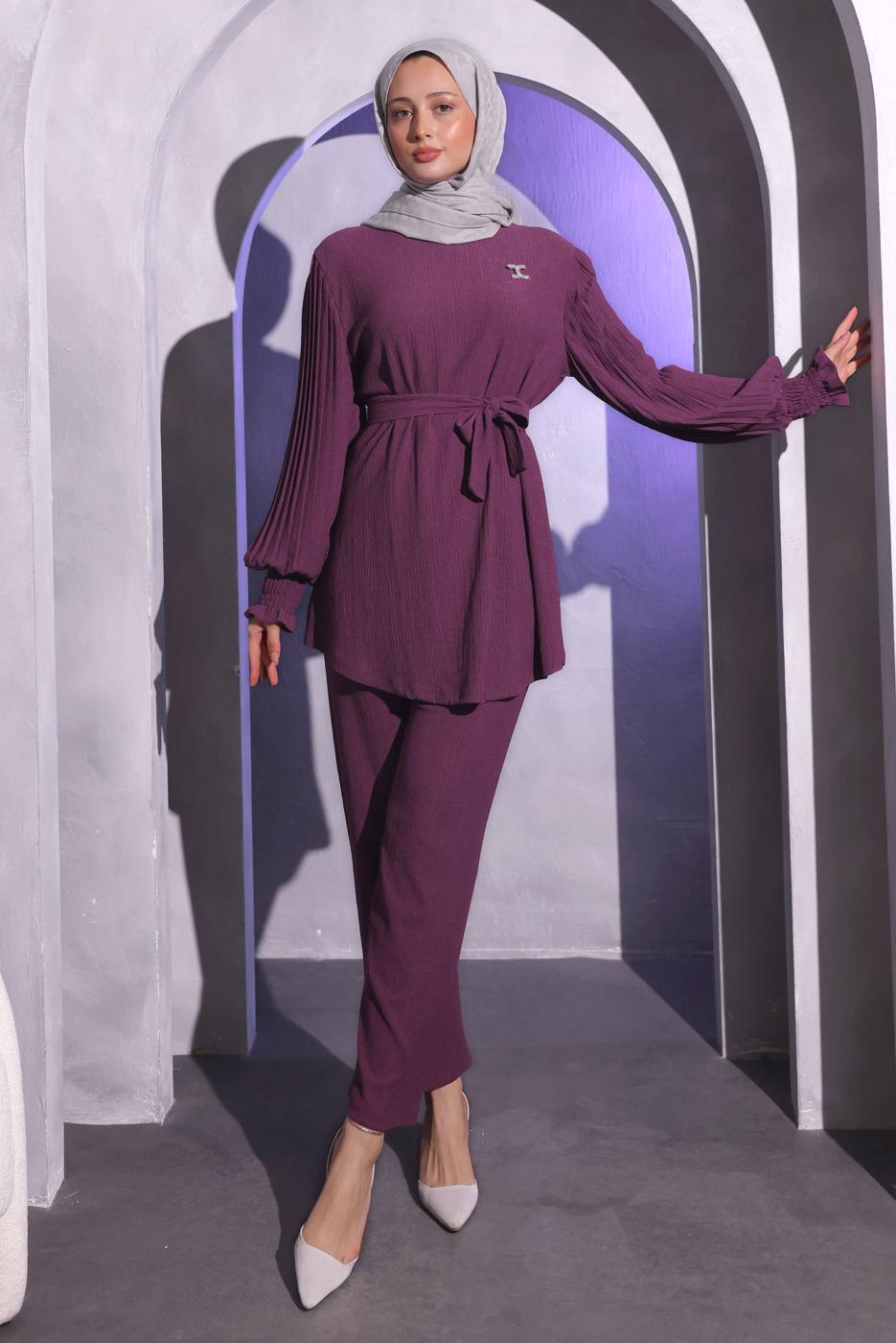 Tesettür giyim MOR BROŞ DETAYLI PANTOLONLU TAKIM T 1704