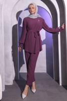 Tesettür giyim MOR BROŞ DETAYLI PANTOLONLU TAKIM T 1704