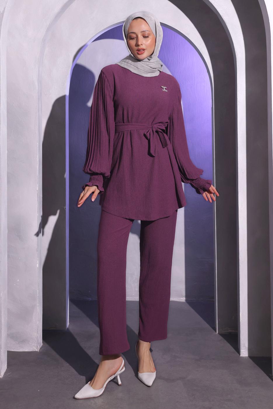 Tesettür giyim MOR BROŞ DETAYLI PANTOLONLU TAKIM T 1704