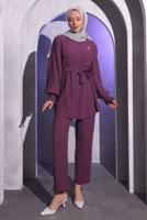 Tesettür giyim MOR BROŞ DETAYLI PANTOLONLU TAKIM T 1704