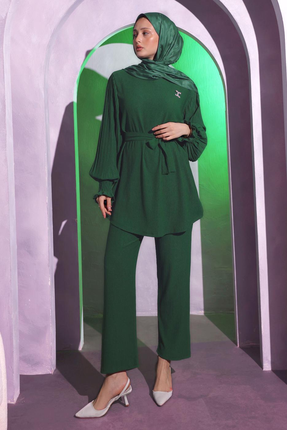 Tesettür giyim YEŞİL BROŞ DETAYLI PANTOLONLU TAKIM T 1704