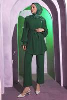 Tesettür giyim YEŞİL BROŞ DETAYLI PANTOLONLU TAKIM T 1704