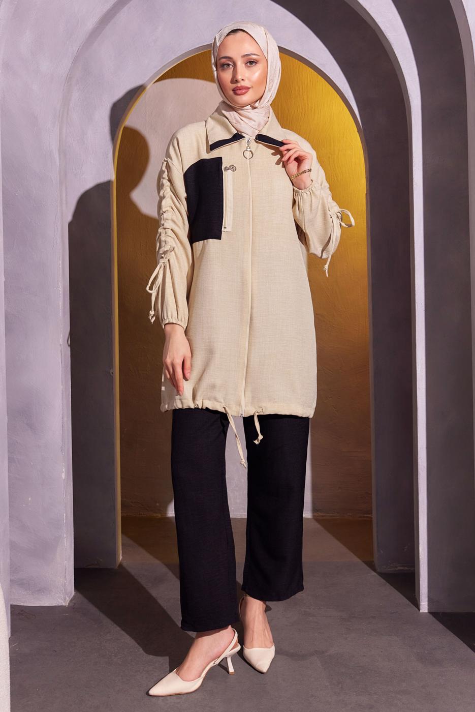 Tesettür giyim SİYAH BÜZGÜ DETAYLI PANTOLONLU TAKIM T 1804