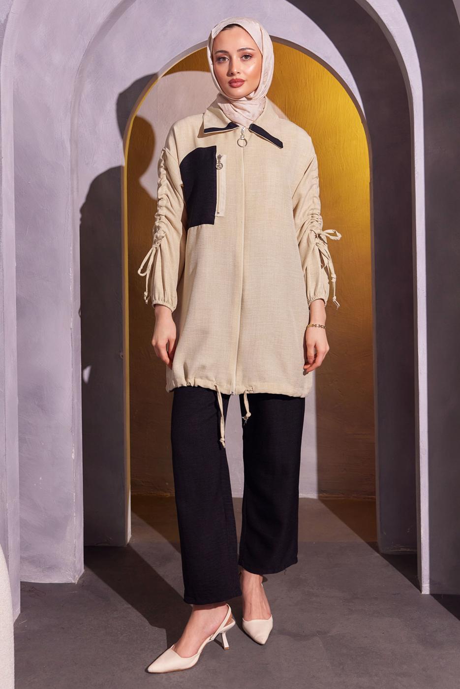 Tesettür giyim SİYAH BÜZGÜ DETAYLI PANTOLONLU TAKIM T 1804