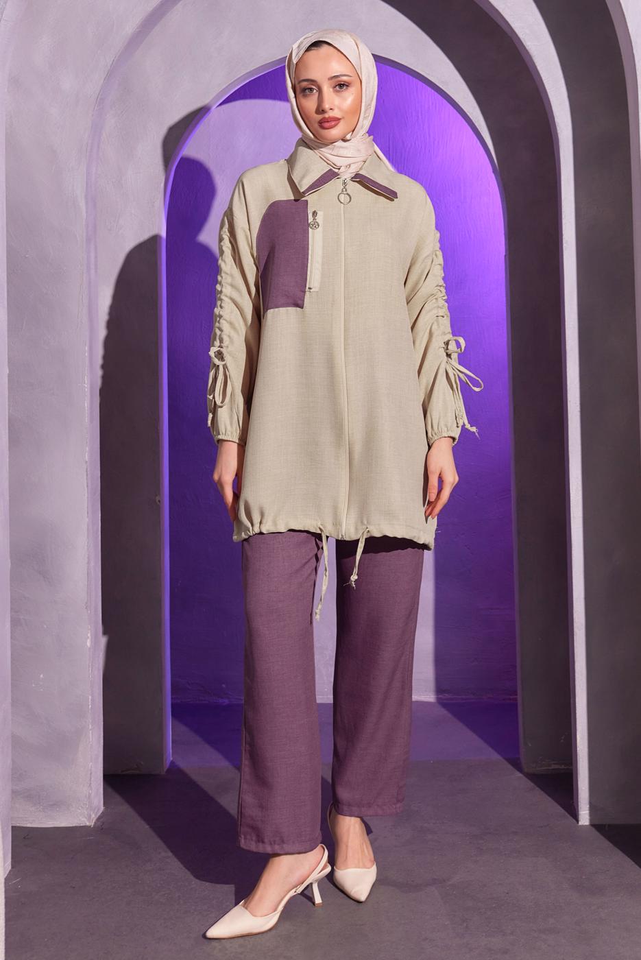 Tesettür giyim MOR BÜZGÜ DETAYLI PANTOLONLU TAKIM T 1804