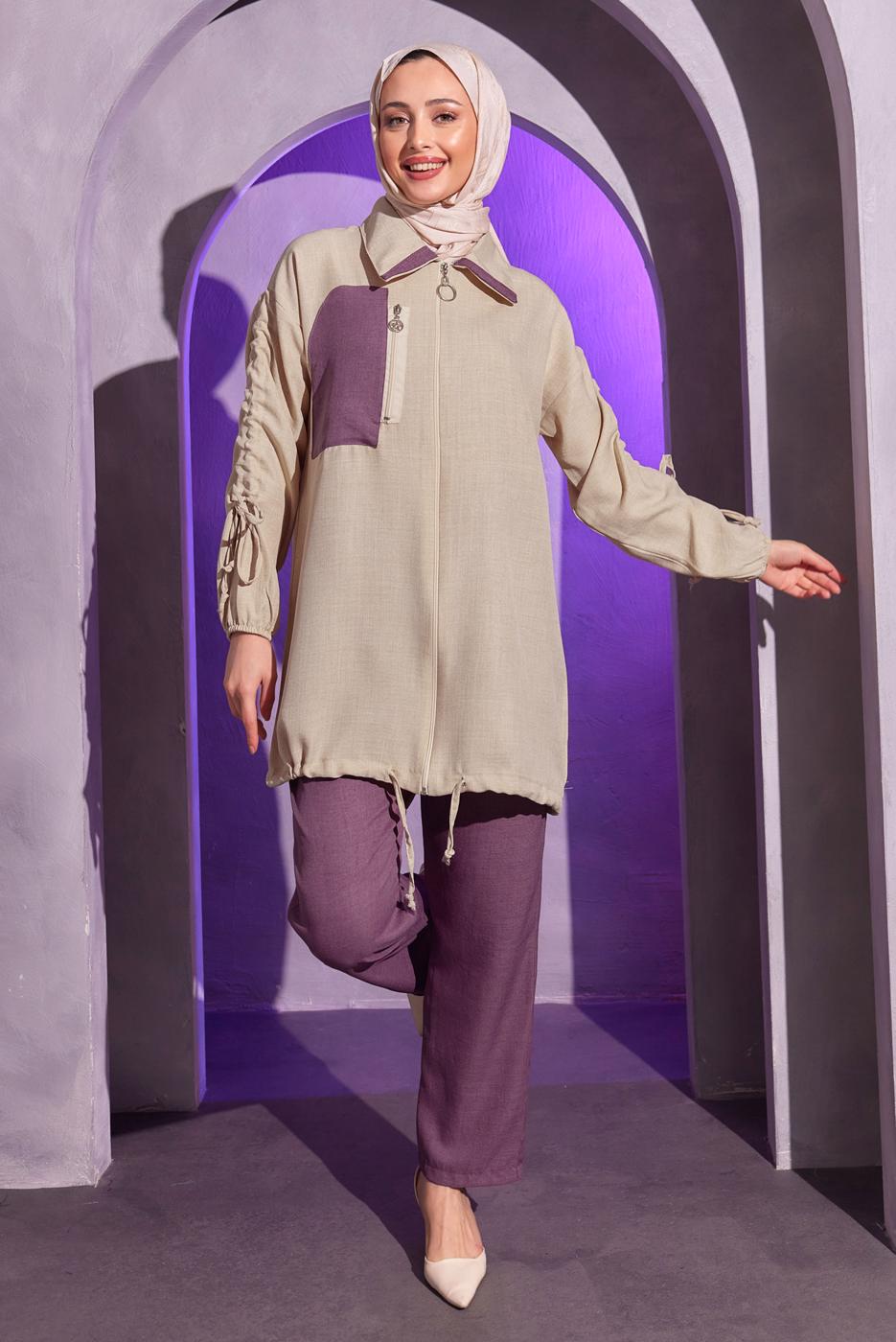 Tesettür giyim MOR BÜZGÜ DETAYLI PANTOLONLU TAKIM T 1804
