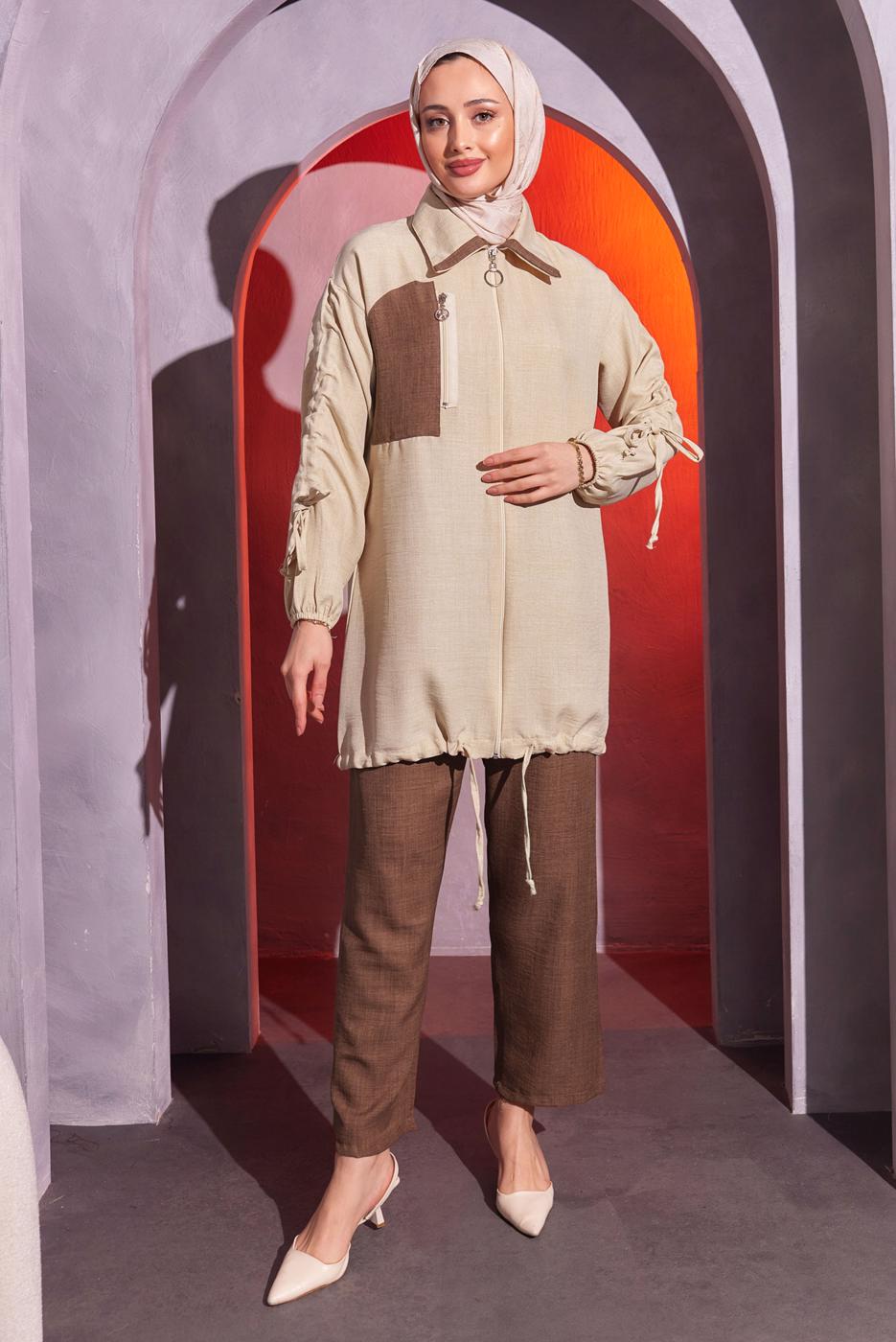 Tesettür giyim KAHVE BÜZGÜ DETAYLI PANTOLONLU TAKIM T 1804