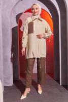 Tesettür giyim KAHVE BÜZGÜ DETAYLI PANTOLONLU TAKIM T 1804