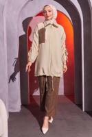 Tesettür giyim KAHVE BÜZGÜ DETAYLI PANTOLONLU TAKIM T 1804