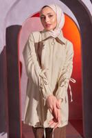 Tesettür giyim KAHVE BÜZGÜ DETAYLI PANTOLONLU TAKIM T 1804