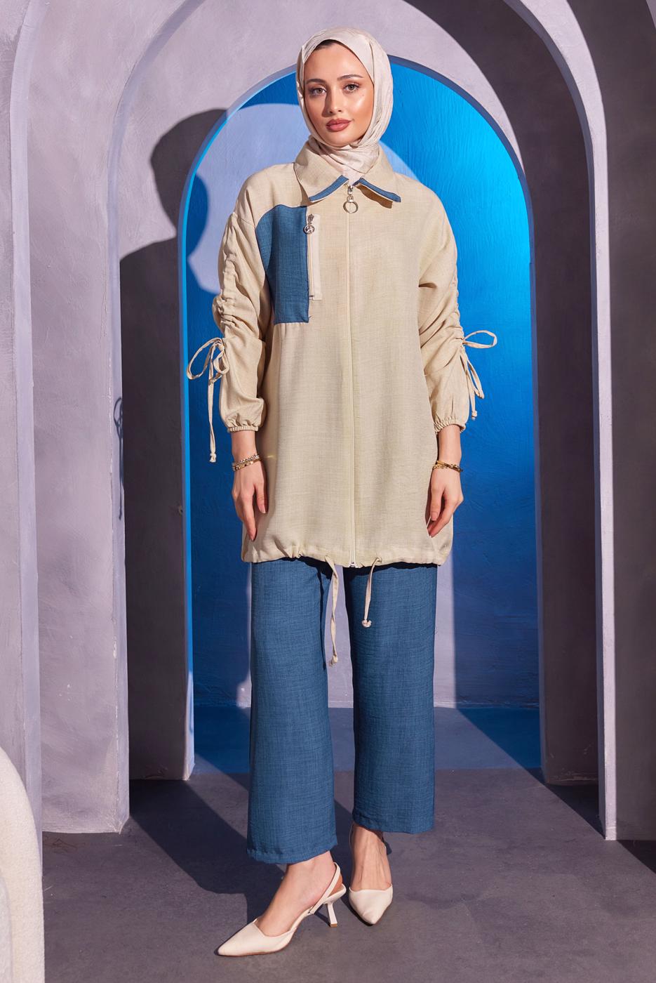 Tesettür giyim LACİVERT BÜZGÜ DETAYLI PANTOLONLU TAKIM T 1804