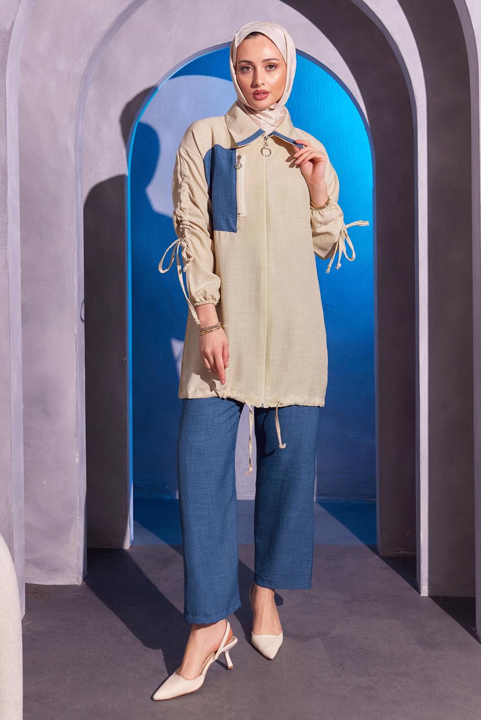 Tesettür giyim LACİVERT BÜZGÜ DETAYLI PANTOLONLU TAKIM T 1804