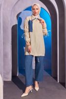 Tesettür giyim LACİVERT BÜZGÜ DETAYLI PANTOLONLU TAKIM T 1804