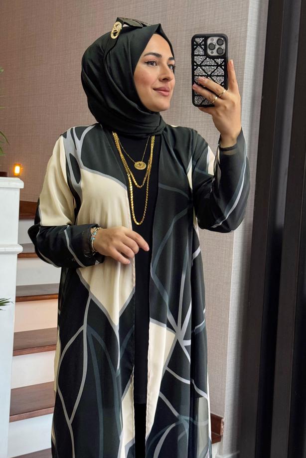 Tesettür giyim SİYAH DESENLİ ÜÇLÜ PANTOLONLU TAKIM T 1905 - TRENDTESETTÜR