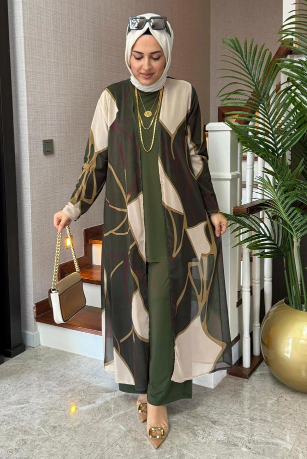 Tesettür giyim HAKİ DESENLİ ÜÇLÜ PANTOLONLU TAKIM T 1905 - TRENDTESETTÜR