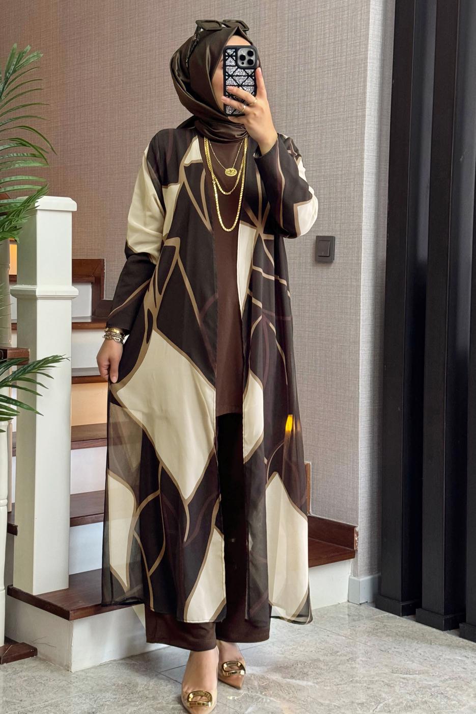 Vêtements hijab BRUN COSTUME PANTALON À MOTIFS T 1905