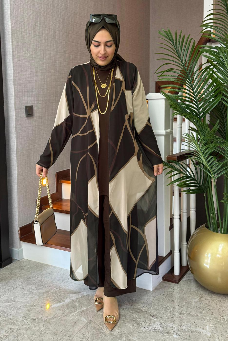 Vêtements hijab BRUN COSTUME PANTALON À MOTIFS T 1905