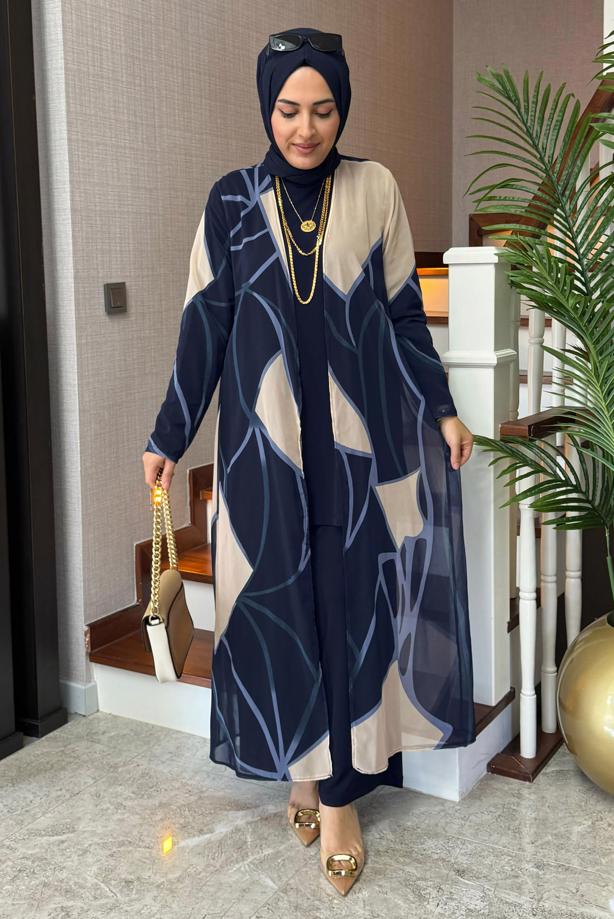 Tesettür giyim LACİVERT DESENLİ ÜÇLÜ PANTOLONLU TAKIM T 1905 - TRENDTESETTÜR
