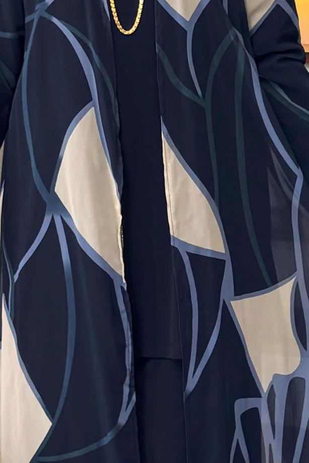 Tesettür giyim LACİVERT DESENLİ ÜÇLÜ PANTOLONLU TAKIM T 1905 - TRENDTESETTÜR