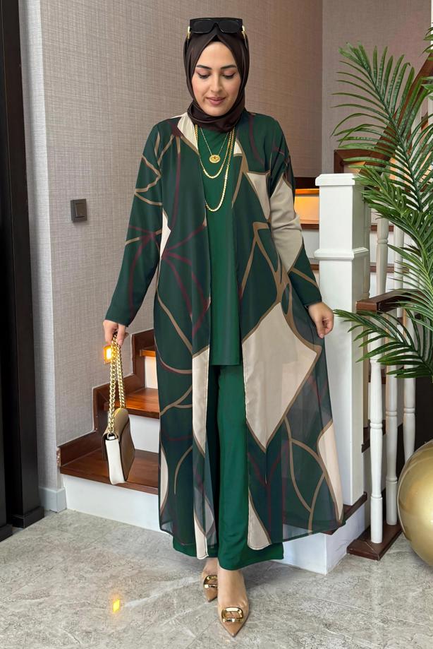 Tesettür giyim YEŞİL DESENLİ ÜÇLÜ PANTOLONLU TAKIM T 1905 - TRENDTESETTÜR