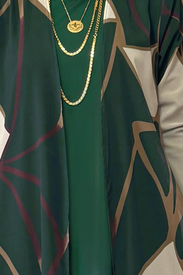 Tesettür giyim YEŞİL DESENLİ ÜÇLÜ PANTOLONLU TAKIM T 1905 - TRENDTESETTÜR