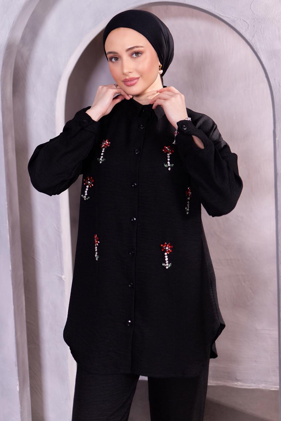 Tesettür giyim SİYAH TAŞ DETAYLI PANTOLONLU TAKIM T 2083
