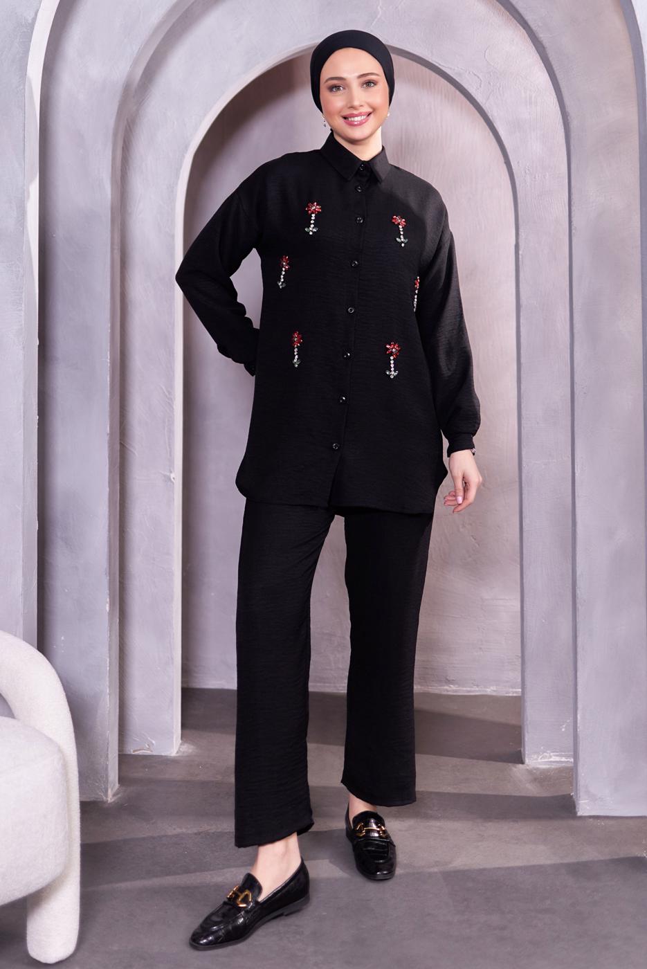 Tesettür giyim SİYAH TAŞ DETAYLI PANTOLONLU TAKIM T 2083