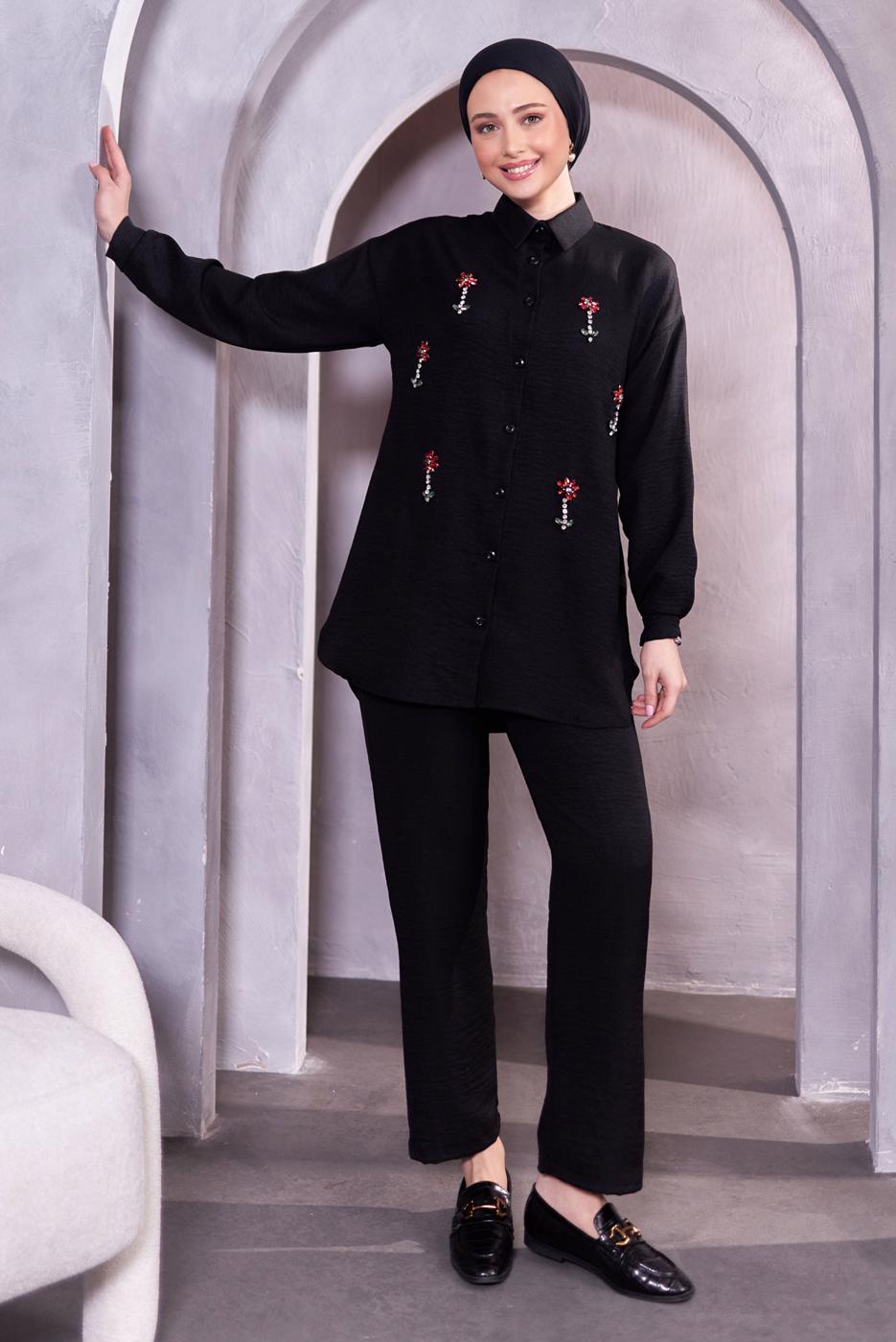 Tesettür giyim SİYAH TAŞ DETAYLI PANTOLONLU TAKIM T 2083